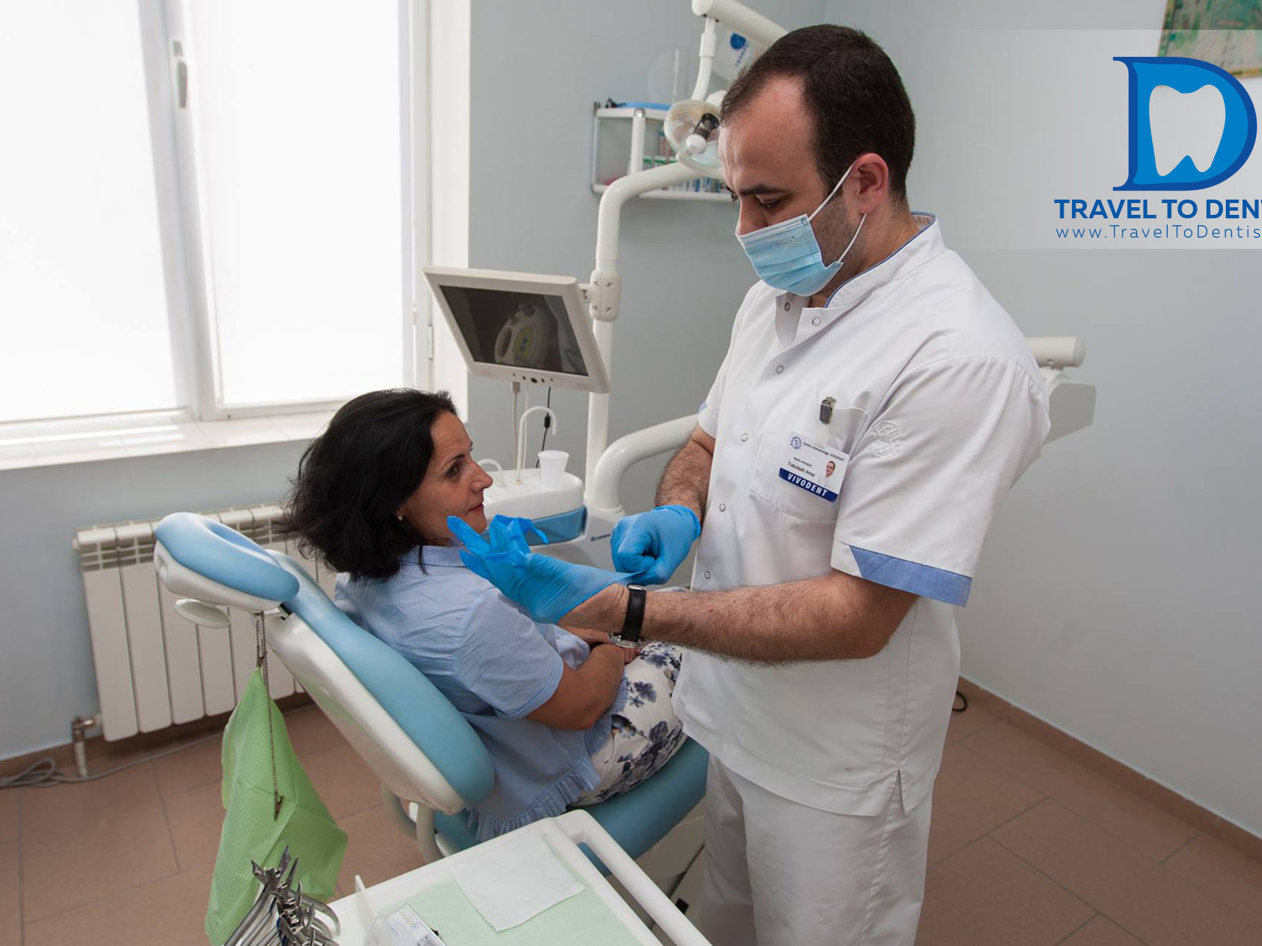 At our dental clinic from Moldova the dentist wears disposable gloves to examine the patient’s oral cavity
