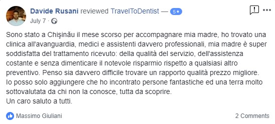 recensione facebook del paziente italiano del turismo dentale in moldavia TravelToDentist