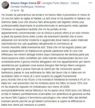 L’avis sincère de Glauco après les soins dentaires effectués dans la clinique dentaire en Moldavie
