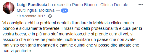 La reseña en Facebook de un paciente que ha realizado el tratamiento en la clinica dental de Moldavia