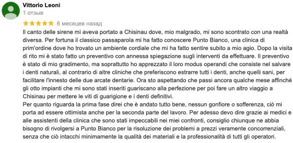 Le impressioni di Vittorio su Google sul trattamento odontoiatrico in Moldavia