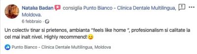 Aprecierile Nataliei după tratamentul stomatologic în clinica Punto Bianco