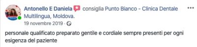 Facebook Recensione della clinica Punto Bianco Moldavia scritta di Daniela e Antonello dopo le cure dentali