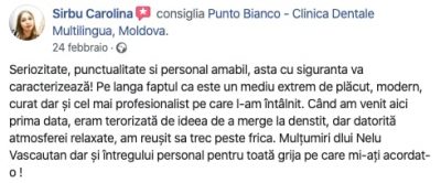 Recenzia Carolinei după tratamentul stomatologic în clinica Punto Bianco