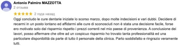 Recenzia lui Antonio pe Google după tratamentul stomatologic în Moldova