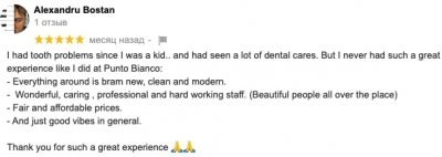 L'avis d'Alexandru sur Google à propos de ses soins dentaires chez Punto Bianco
