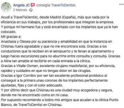 Angela's opinion about the dental clinic Punto Bianco