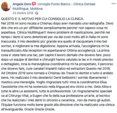 La recensione di Angela dopo le cure dentali in Moldavia