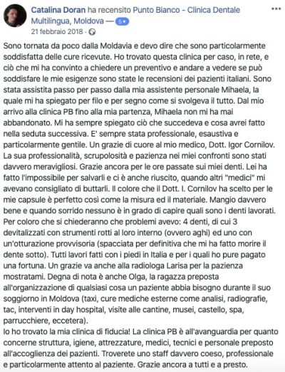 La recensione di Catalina sulle cure dentali presso Punto Bianco