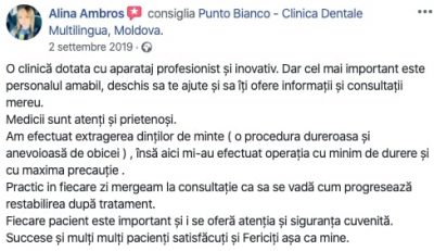 Recensione di Alina dopo il trattamento odontoiatrico nella clinica dentale