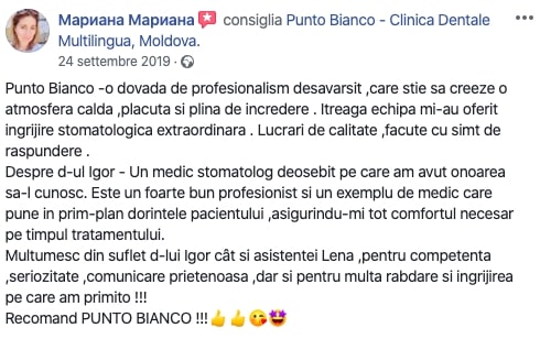 Recenzia Marianei despre clinica stomatologică Punto Bianco
