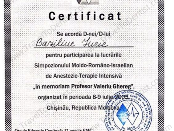 Certificate Dr. Iurie Bazeliuc